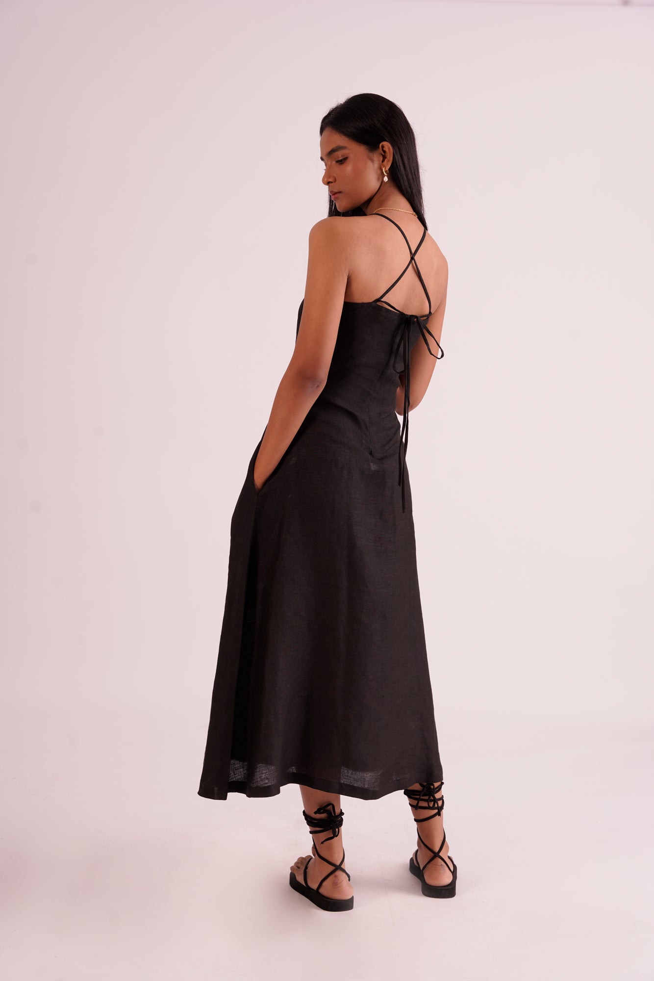 A- line linen black midi dress