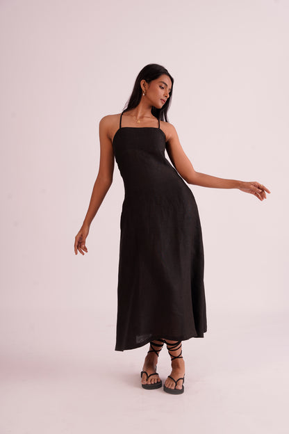A- line linen black midi dress
