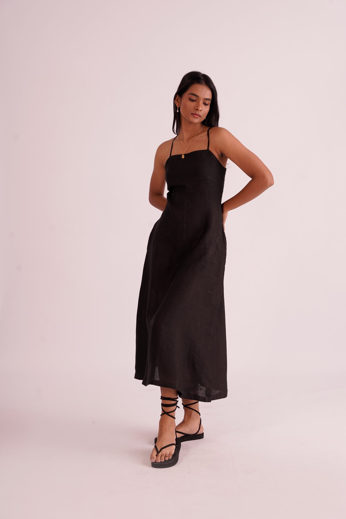 A- line linen black midi dress