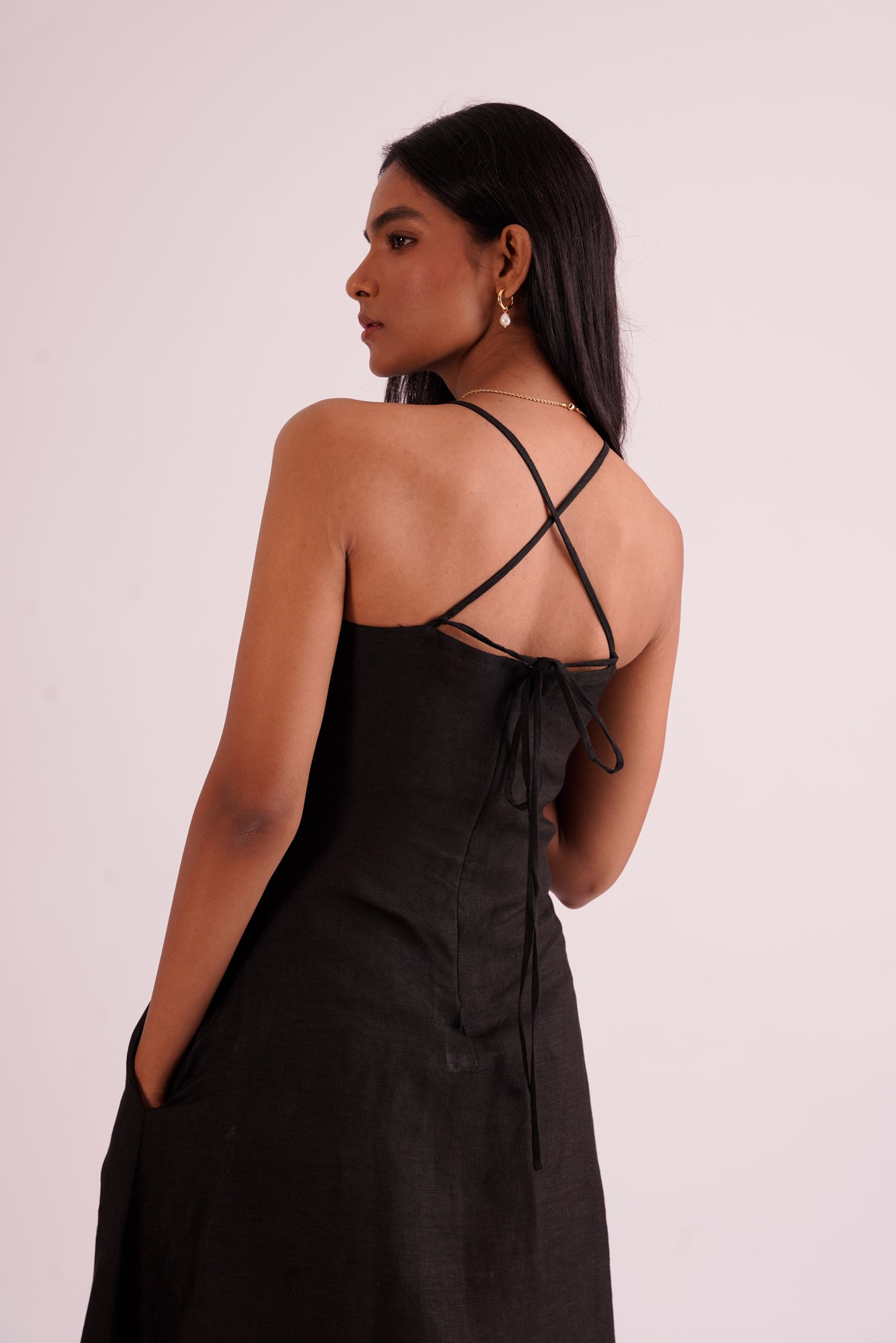 A- line linen black midi dress