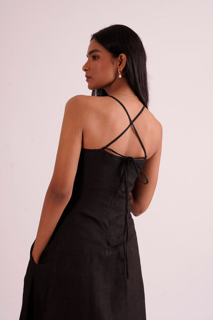 A- line linen black midi dress