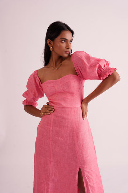 Linen Arles Fuschia Midi Dress